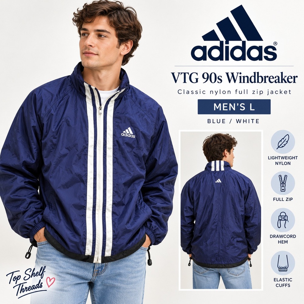 VTG 90s Adidas Windbreaker Men L Navy Nylon Full Zip 3 Stripes Track Streetwear